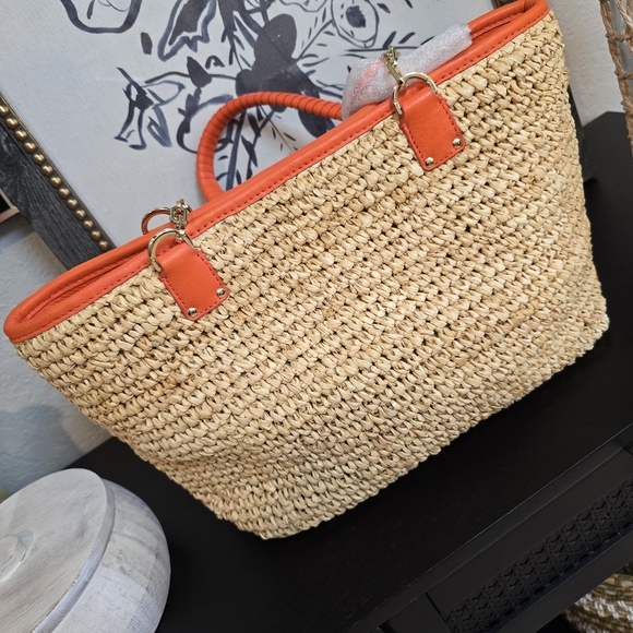 Tory Burch Shoulder Straw Gold Chain Orange and Tan Woven Tote - Picture 3 of 10